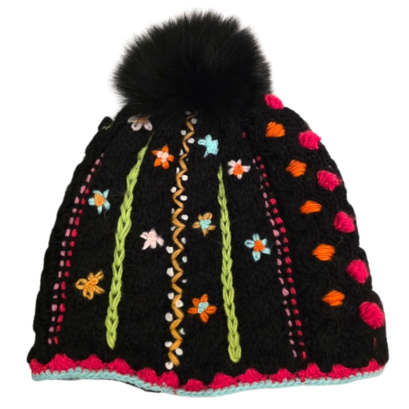 Chaos Colourful Embroidered Floral Pom Pom Fleece Lined Winter Hat Black - Picture 3 of 5